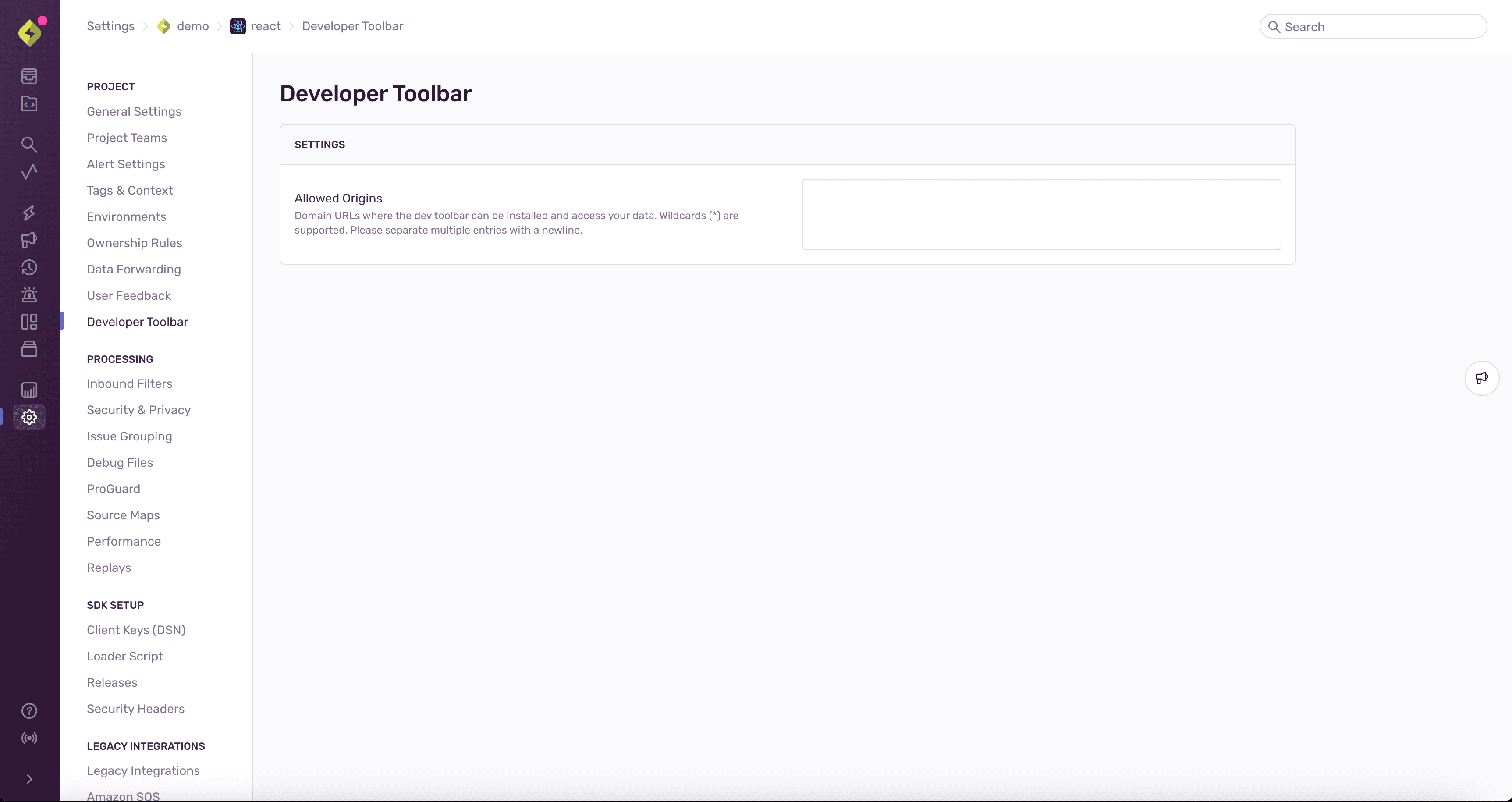 Sentry's Dev Toolbar Settings Page